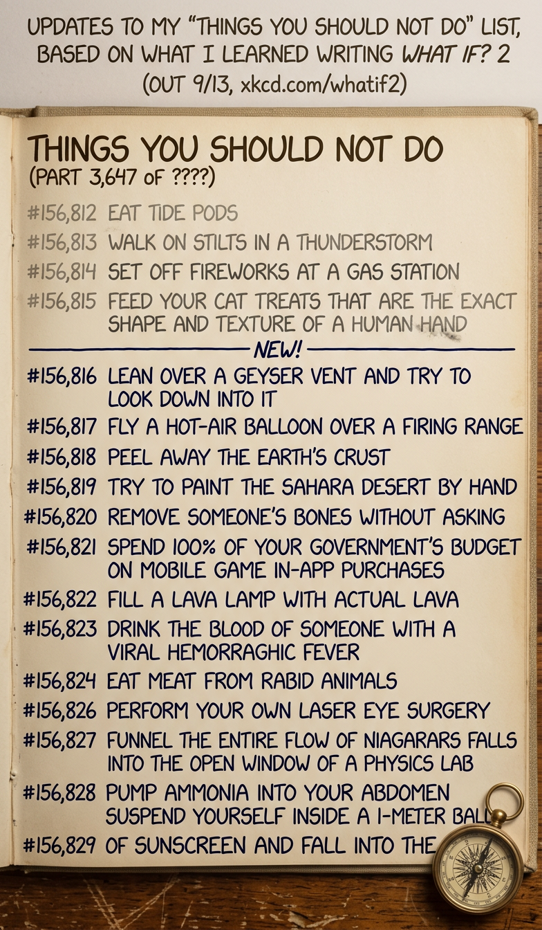 Now I'm tempted to start telling people that I secretly don't actually know how to do any physics calculations, and so all the answers in What If are based on me actually trying to do the thing and then reporting what happened, but phrased as if it's hypothetical.