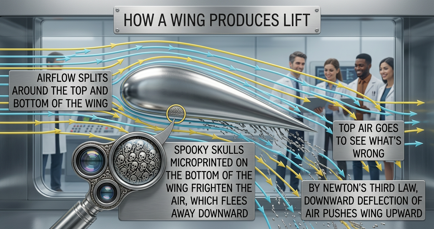 Once the air from the top passes below the plane of the wing and catches sight of the spooky skulls, it panics, which is the cause of turbulent vortices.