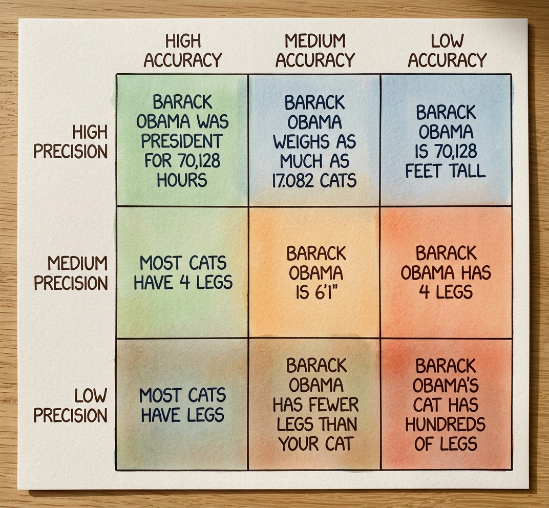 'Barack Obama is much less likely than the average cat to jump in and out of cardboard boxes for fun' is low precision, but I'm not sure about the accuracy.