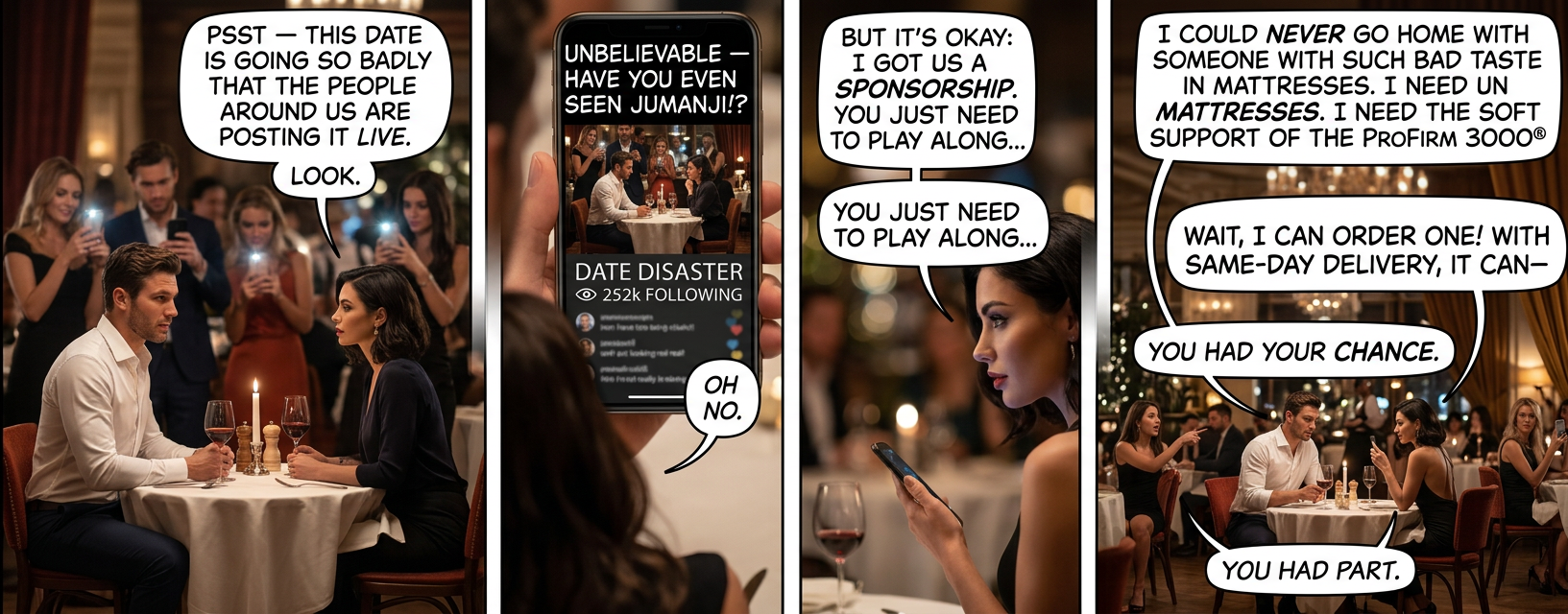 "Even split between us, this will pay way better than the Jumanji sponsorship I came into the date with."