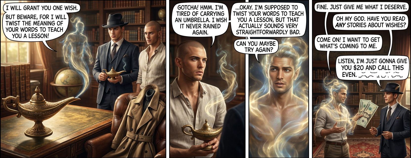 "I wish for everything in the world. All the people, money, trees, etc." "Are you SURE you--" "And I want you to put it in my house."