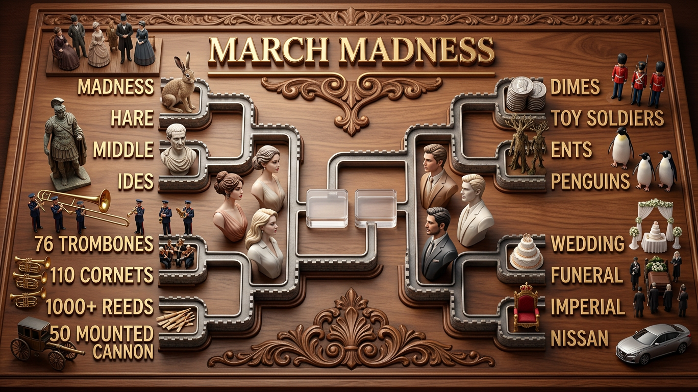 My bracket has 76 trombones led by John Philip Sousa facing off against thousands of emperor penguins led by Morgan Freeman.