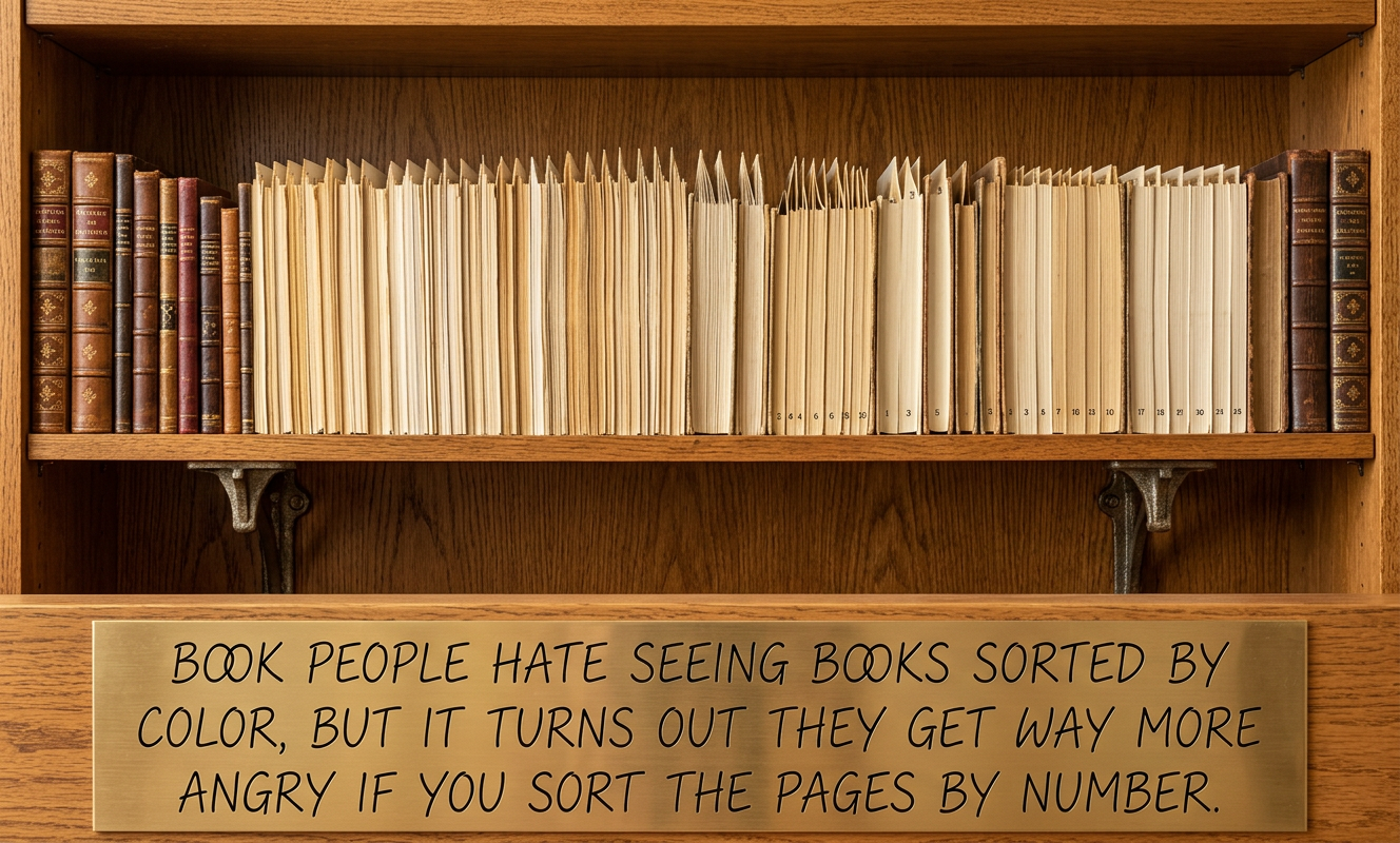 Of course, I sort all my bookshelves the normal way, alphabetically (by first sentence).