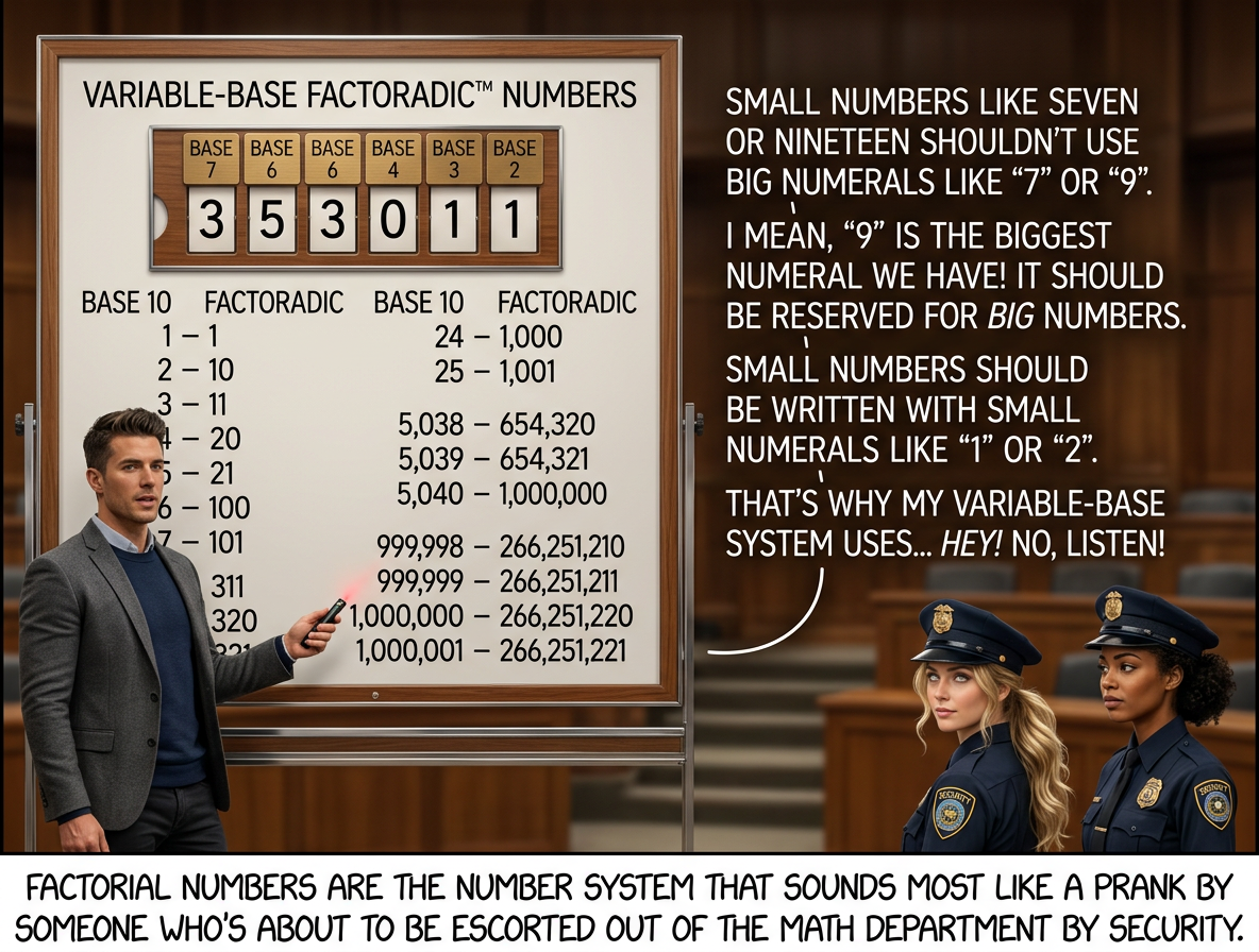 So what do we do when we get to base 10? Do we use A, B, C, etc? No: Numbers larger than about 3.6 million are simply illegal.