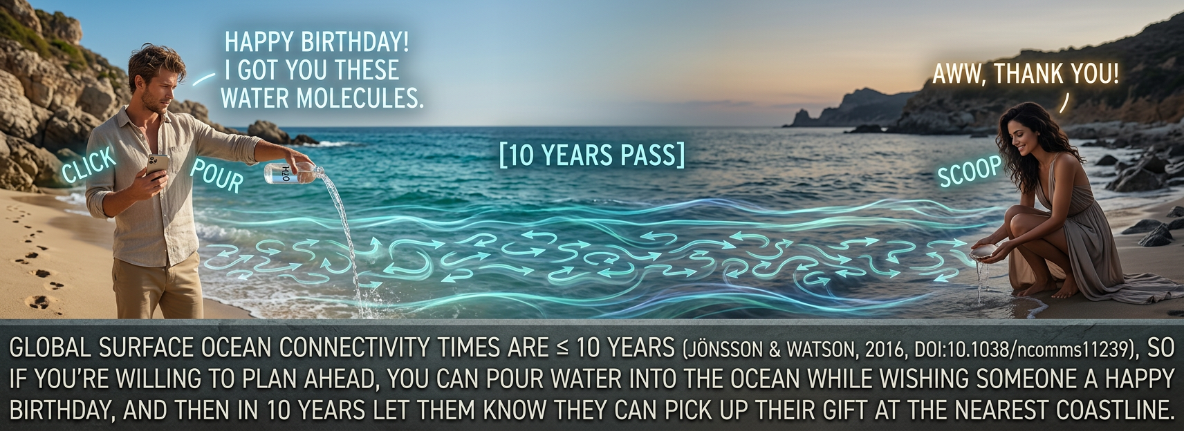 Shipping times vary. Same-ocean delivery may only take a few years, but delivery from the Weddell Sea in Antarctica may take multiple decades, and molecules meant for inland seas like the Mediterranean may be returned as undeliverable by surface currents.