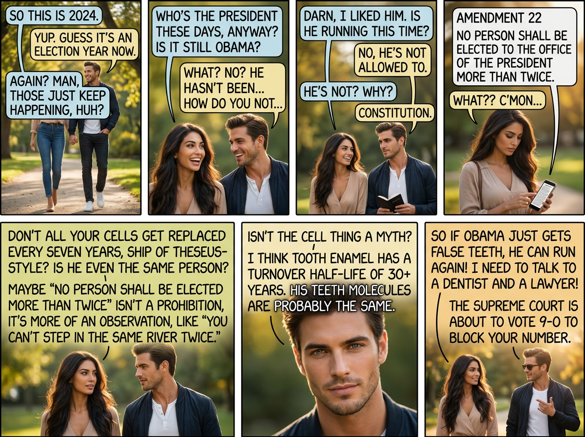 It wasn't originally constitutionally required, but presidents who served two terms have traditionally followed George Washington's example and gotten false teeth.