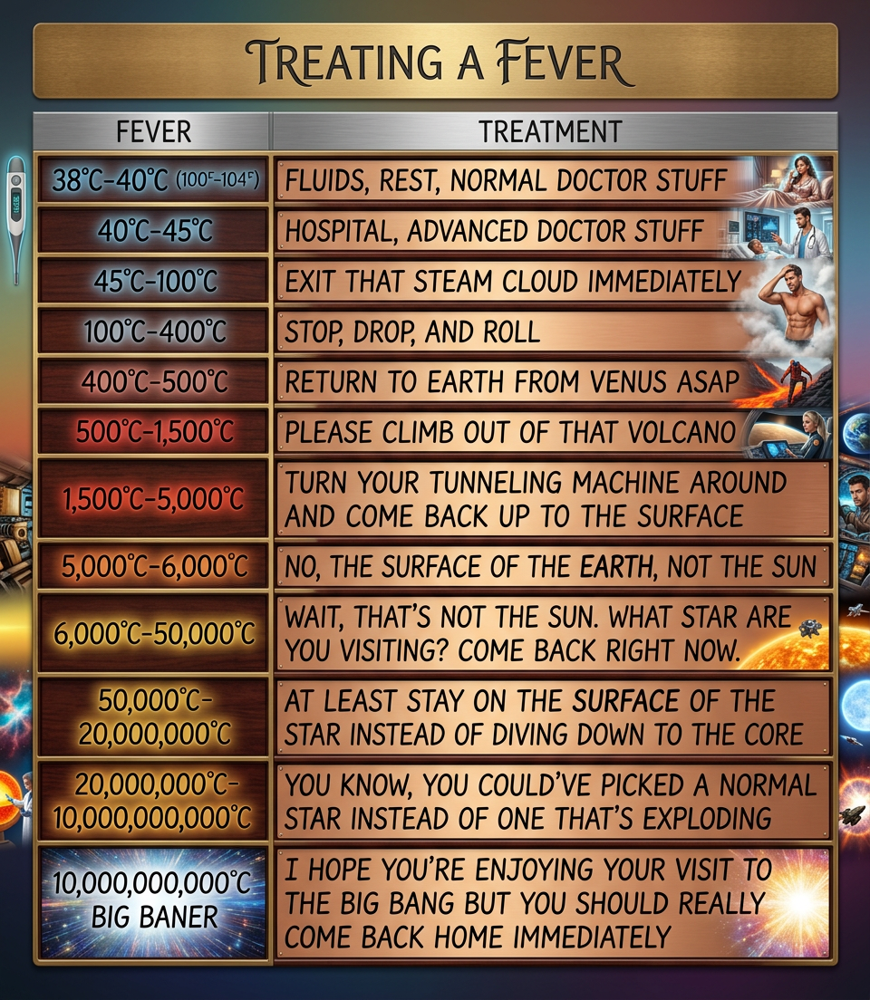 Hypothermia of below 98.6 K should be treated by leaving the giant molecular cloud and moving to the vicinity of a star.