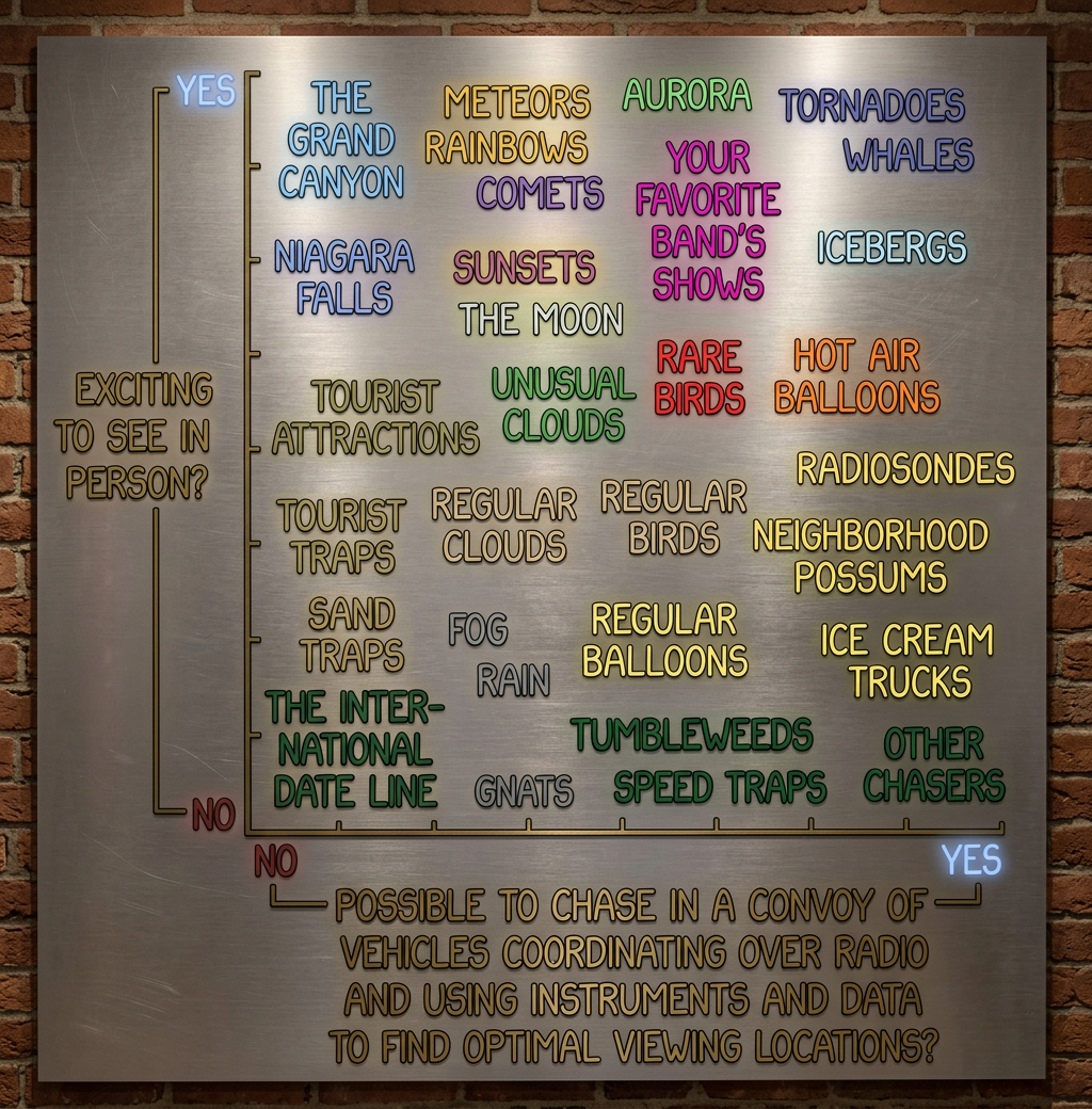 Certain hybrid events can only happen in certain locations where all the conditions are present; chasers flock to the area in and around Kansas known as tumbleweed-colliding-with-possum alley.