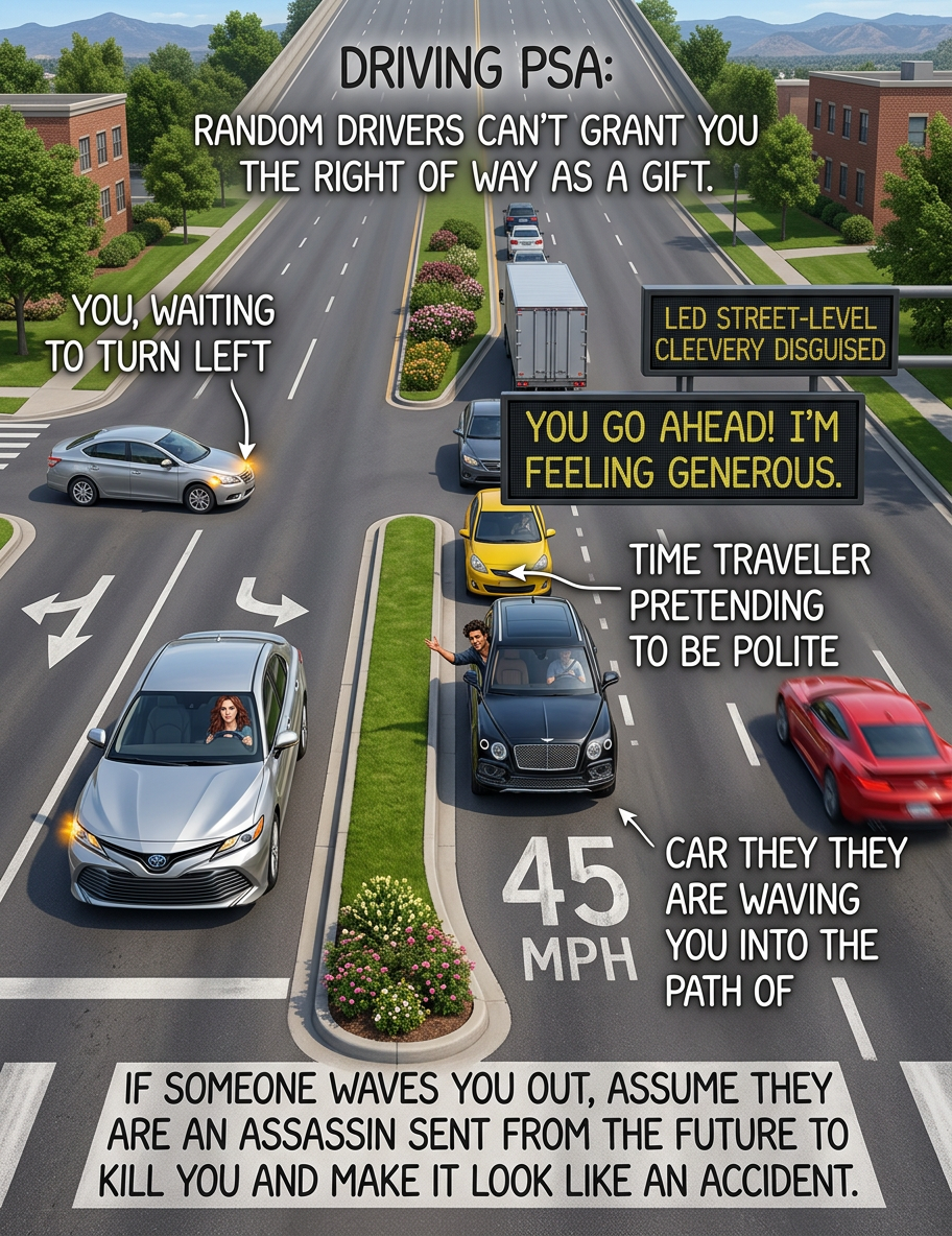 This PSA brought to you by several would-be assassins who tried to wave me in front of speeding cars in the last month and who will have to try harder next time.