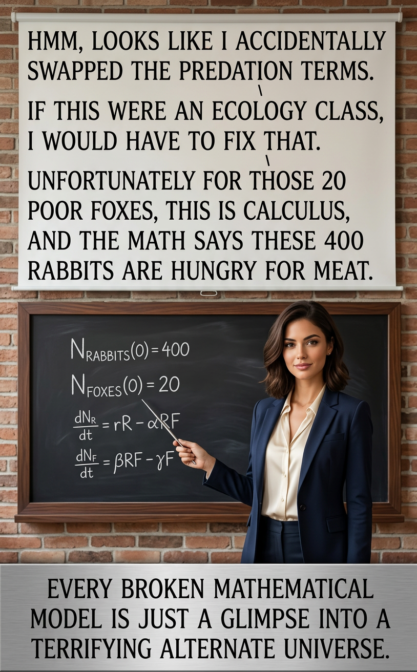In addition to eating foxes, rabbits can eat grass. The grass also eats foxes. Our equations chart the contours of Fox Hell.