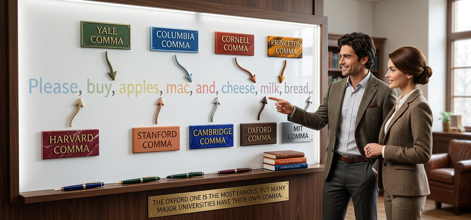 The distinctive 'UCLA comma' and 'Michigan comma' are a long string of commas at the start and end of the sentence respectively.