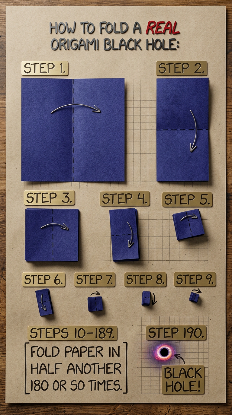 You may notice the first half of these instructions are similar to the instructions for a working nuclear fusion device. After the first few dozen steps, be sure to press down firmly and fold quickly to overcome fusion pressure.