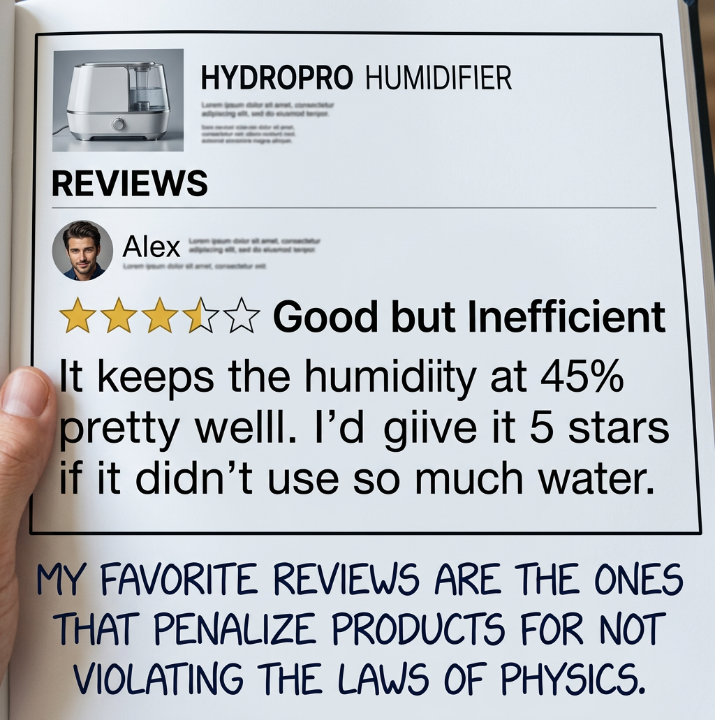 They should add a little sticker that certifies that the humidifier supports water conservation, but in the sense of energy conservation or momentum conservation.