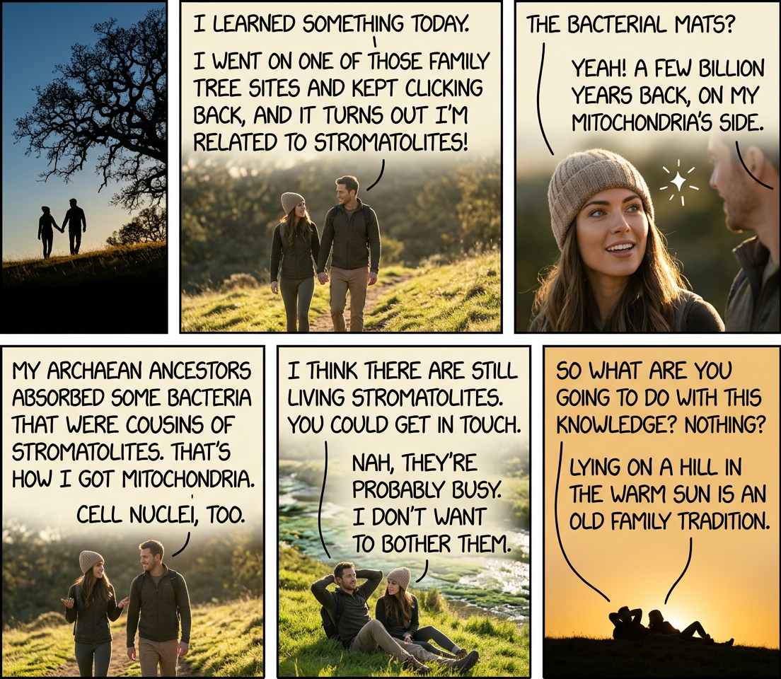 If only my ancestors had been fortunate enough to marry into the branch of the bacteria family that could photosynthesize, like all my little green cousins here.