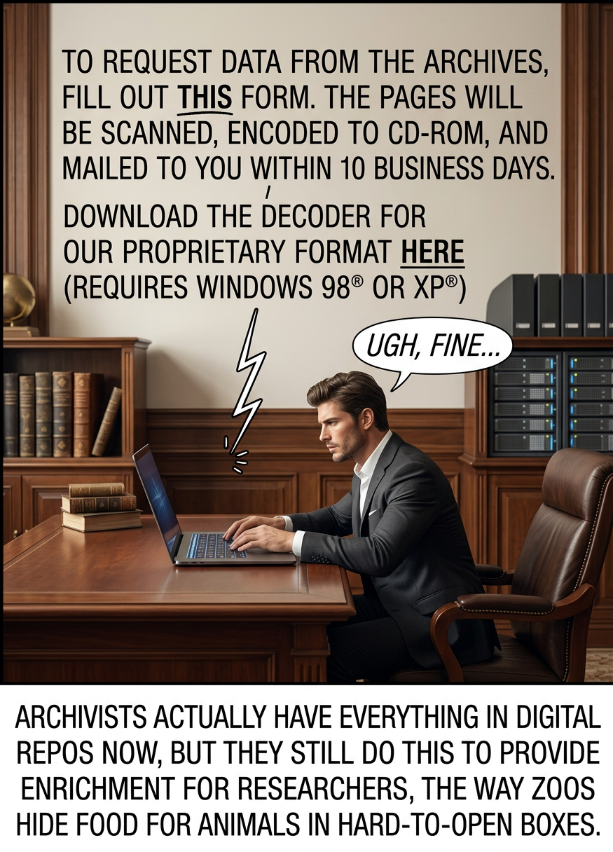 They just want researchers in the enclosure to feel enriched and stimulated. ('The Enclosure' is what archivists call the shadowy world outside their archives in which so many people are trapped.)