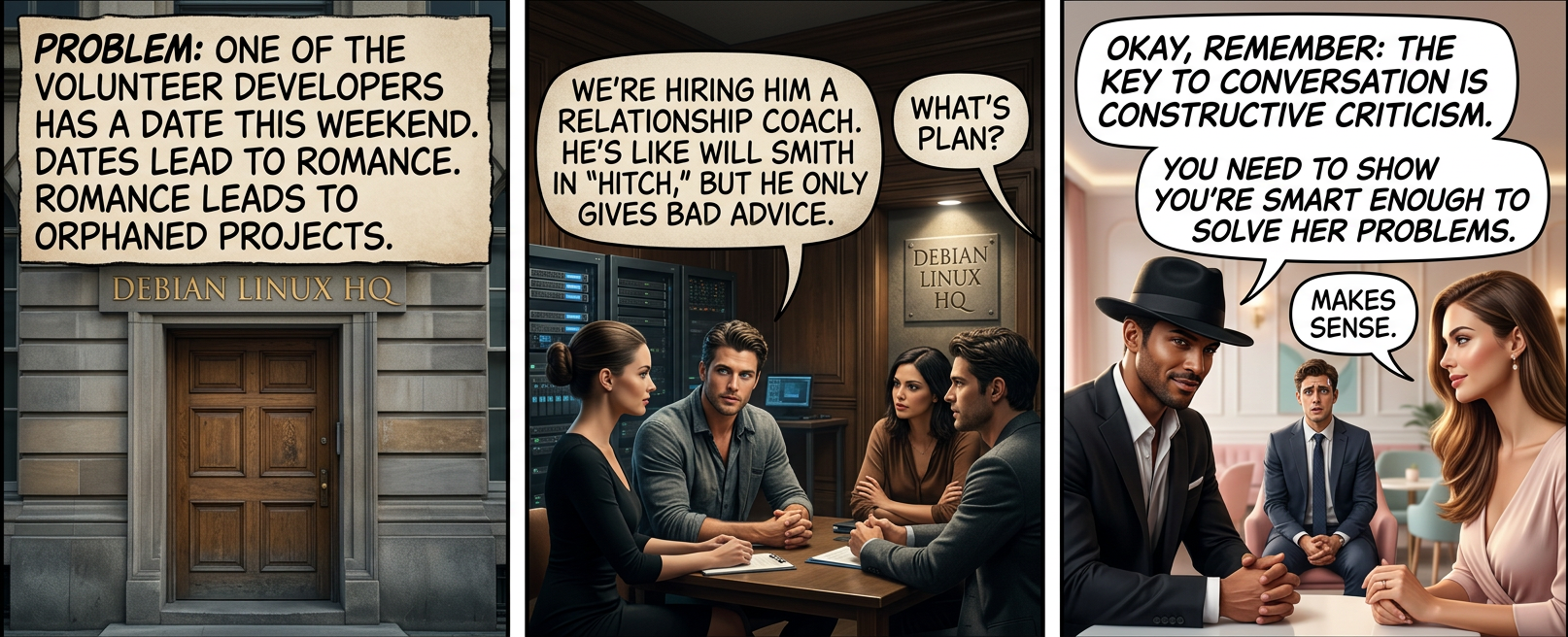 His date works for Red Hat, who hired a coach for her, too.  He advised her to 'rent lots of movies like Hitch.  Guys love those.'