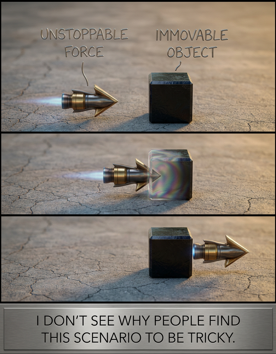 Unstoppable force-carrying particles can't interact with immovable matter by definition.