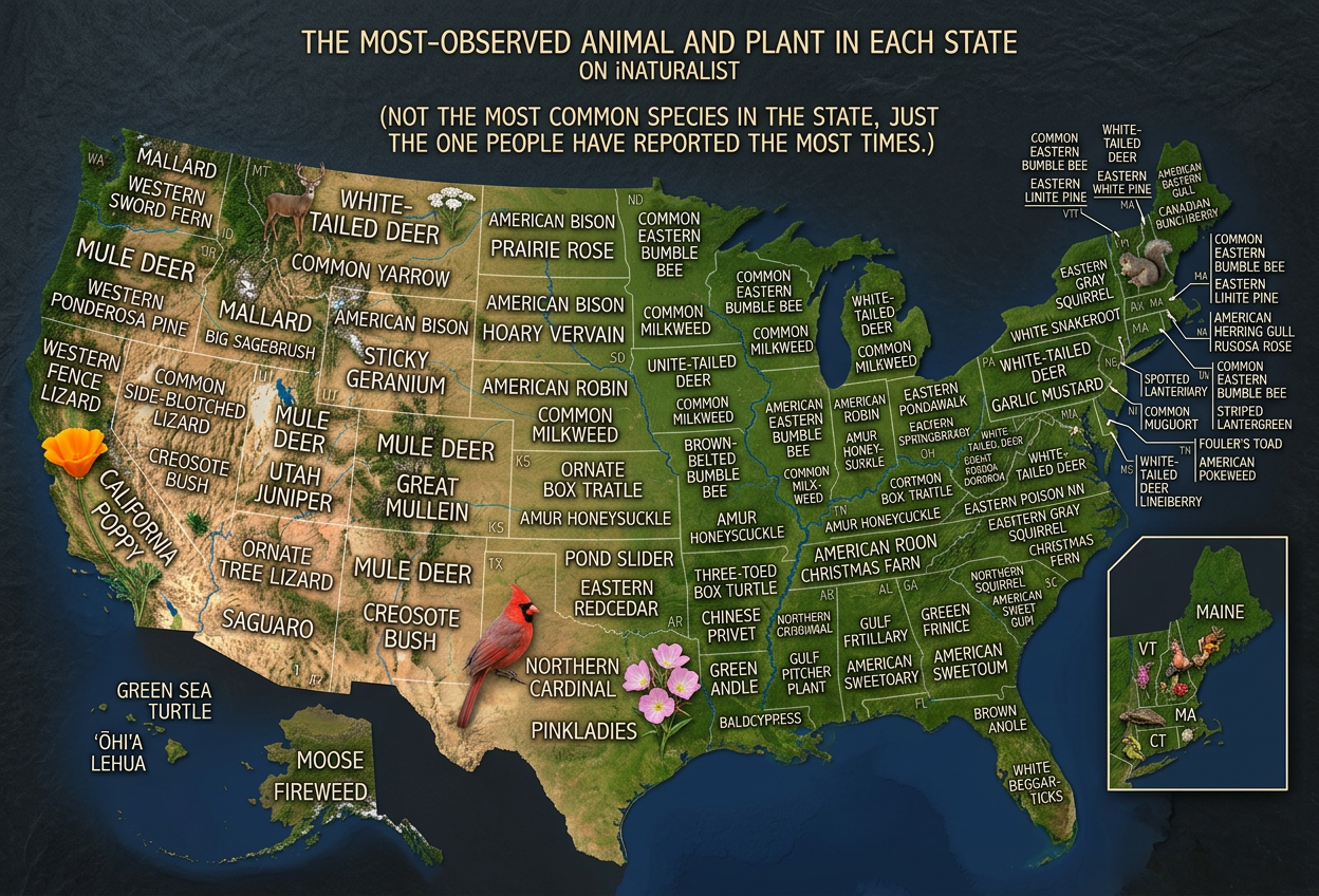 Washington, DC: Eastern gray squirrel, Amur honeysuckle. Puerto Rico: Crested anole, sea grape. US as a whole: Mallard, eastern poison ivy.