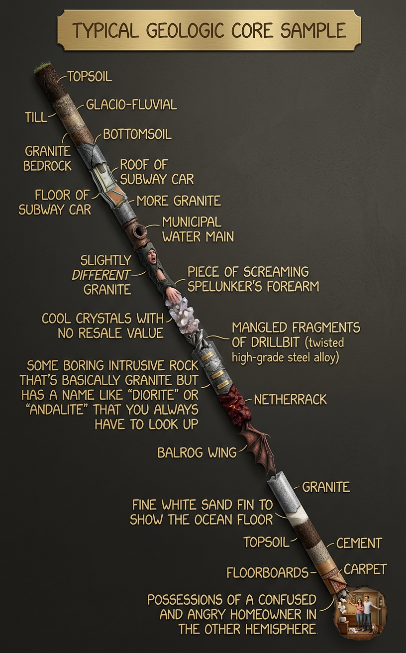 If you drill at the right angle and time things perfectly, your core sample can include a section of a rival team's coring equipment.