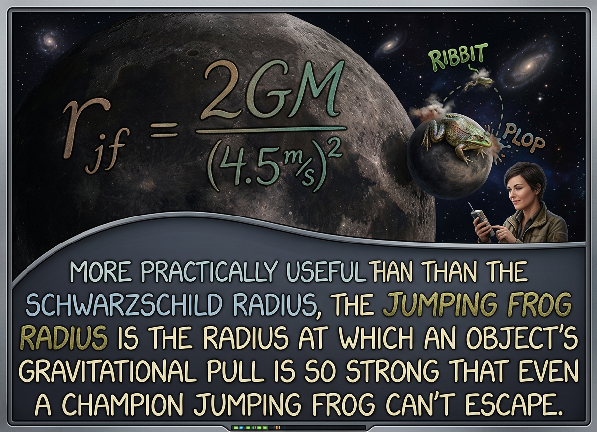 Earth's r_jf is approximately 1.5 light-days, leading to general relativity's successful prediction that all the frogs in the Solar System should be found collected on the surface of the Earth.