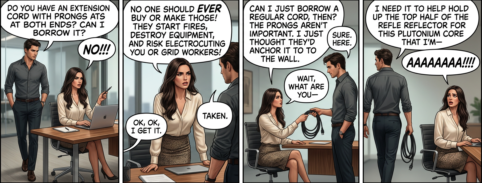 'Oh, and can I borrow 50 sacks of loose flour, a pile of lithium-ion batteries, a bucket of bleach, and a bucket of vinega--' 'NO!!!!!!'