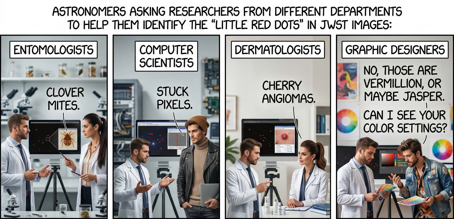 After a lot of analysis, I've determined that they're actually big red dots; they're just very far away.