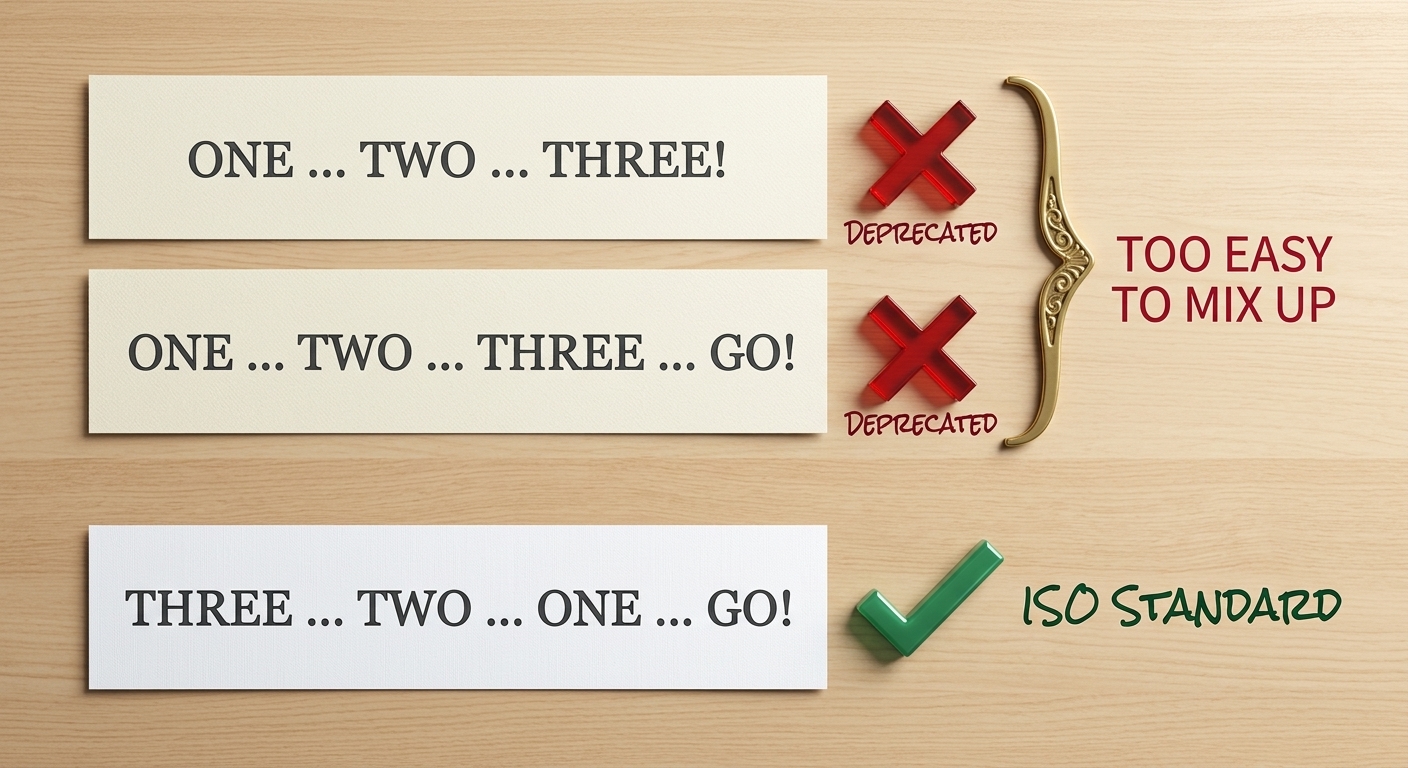Anyone who is caught counting 'three ... two ... one ... zero ... GO!' will be punished with a lifetime of eating only ISO standard food samples.