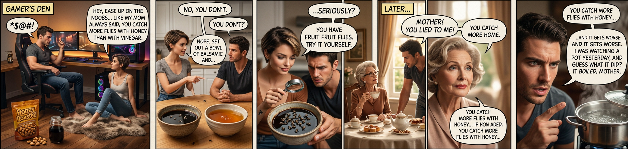 I don't know about houseflies, but we definitely caught a lot of fruit flies with our vinegar bowl.  Hooray science!