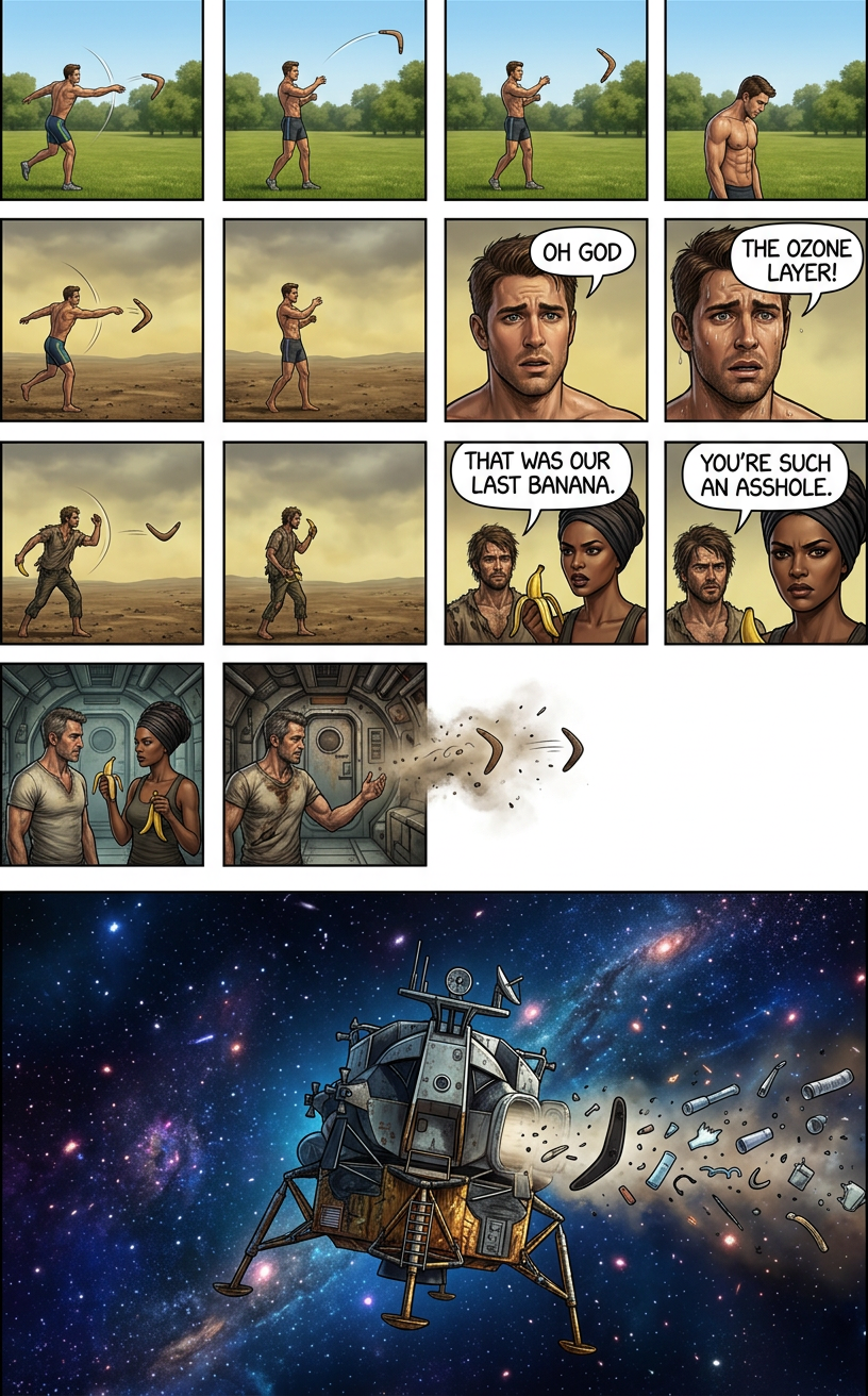 An eternity later, the universe having turned out to have positive curvature and lots of mass, the boomerang hits him in the back of the head.