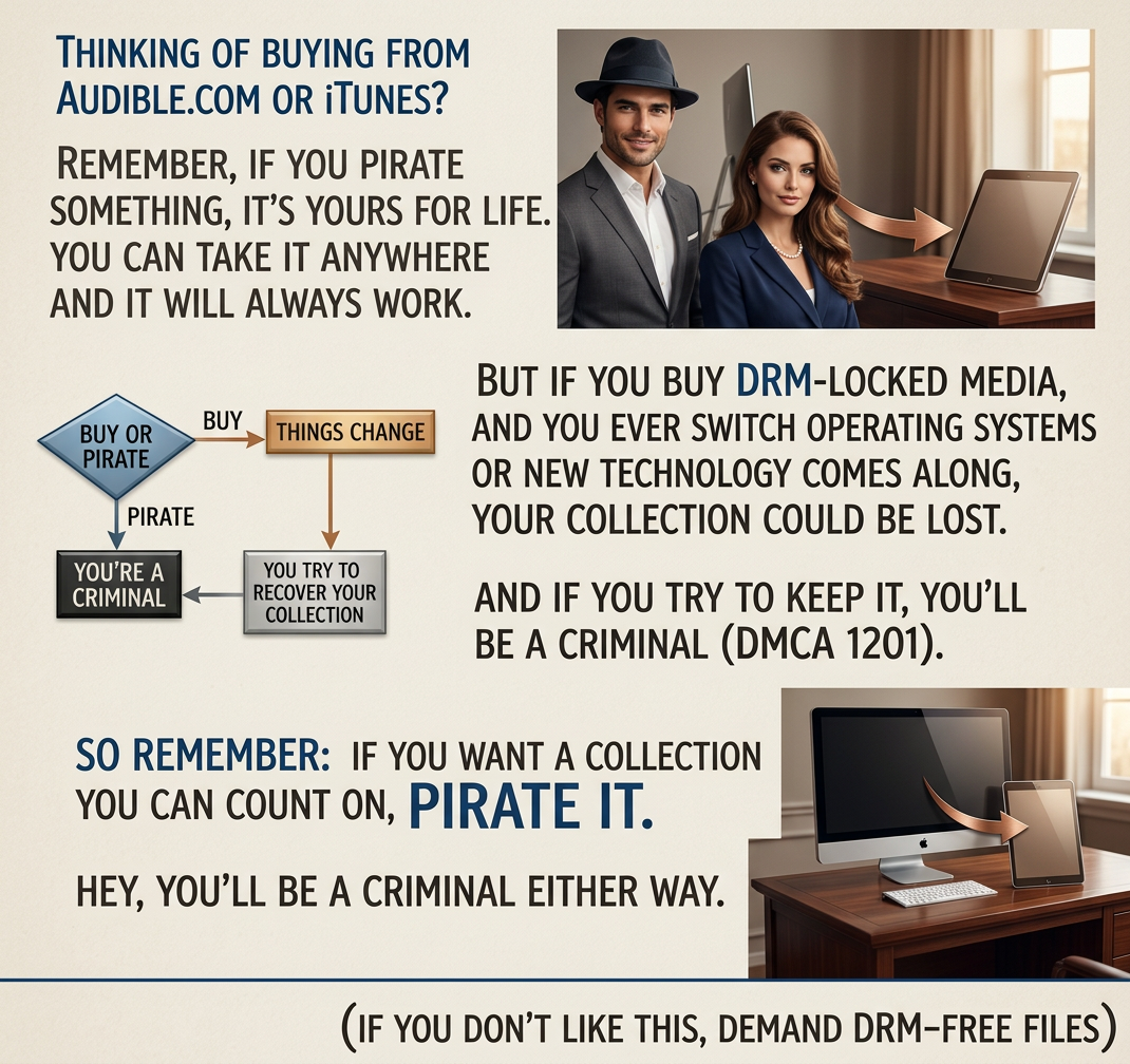 I spent more time trying to get an audible.com audio book playing than it took to listen to the book.  I have lost every other piece of DRM-locked music I have paid for.