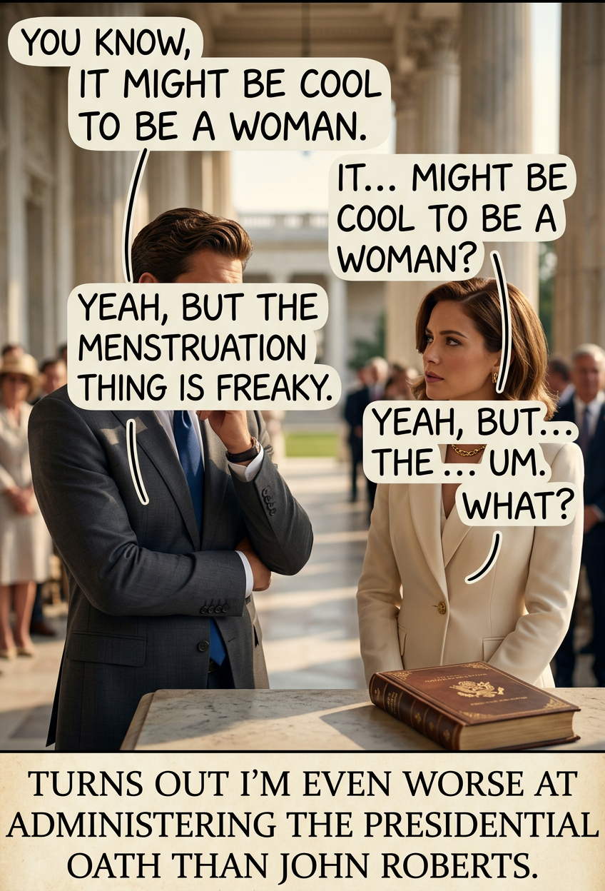 'And ovaries.  Man, ovaries, huh?'  [awkward pause]  '... faithfully.'