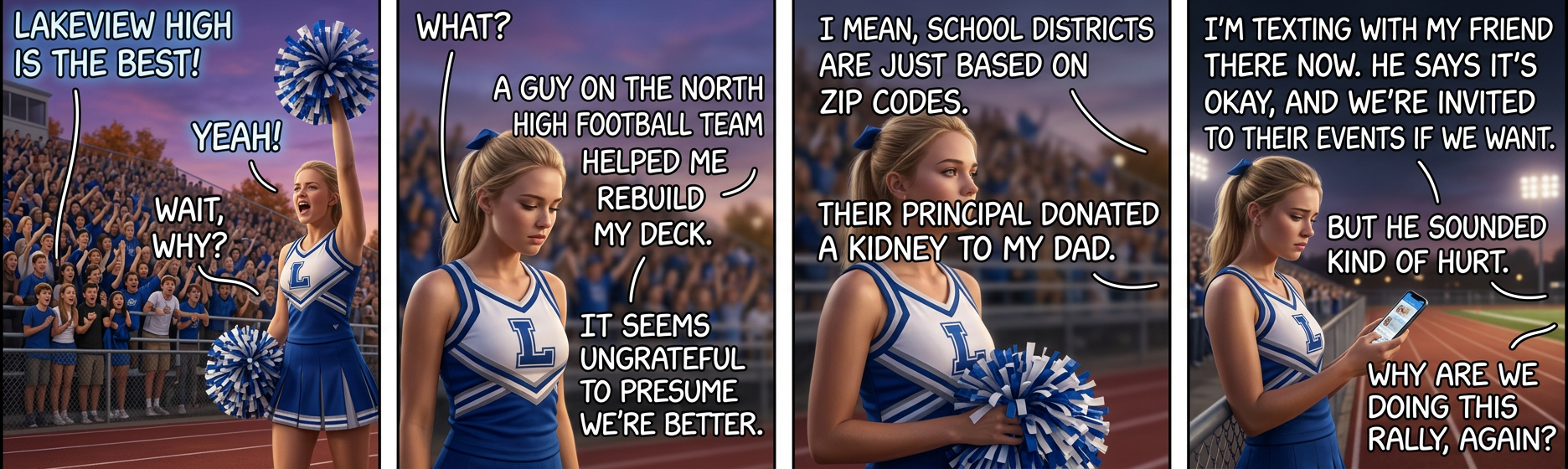 You know, pep rallies weirded me out in high school, and they've only gotten creepier in retrospect.