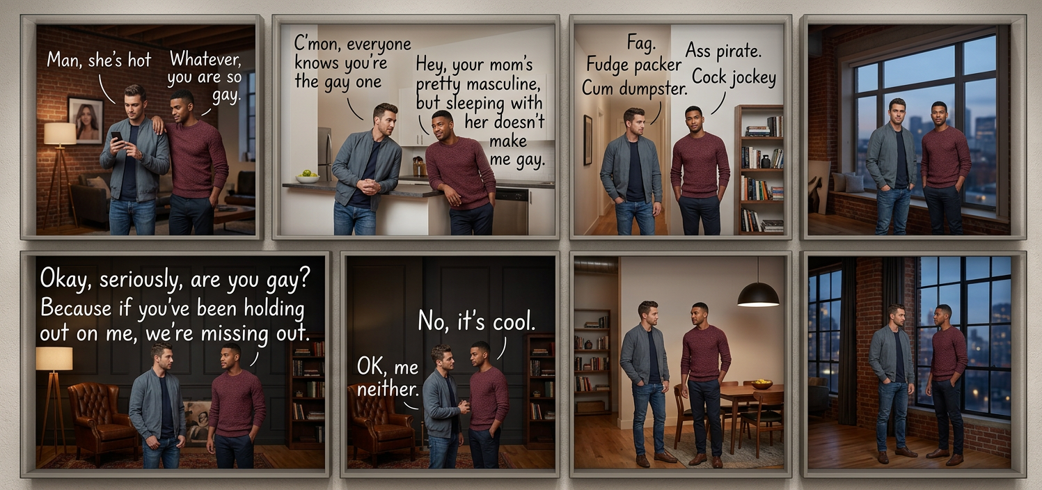 This was an actual mock conversation between me and a friend at TGiF.  The waitress walked up around panel 5 and was somewhat put off.