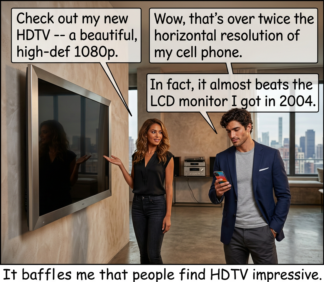 We're also stuck with blurry, juddery, slow-panning 24fps movies forever because (thanks to 60fps home video) people associate high framerates with camcorders and cheap sitcoms, and thus think good framerates look 'fake'.