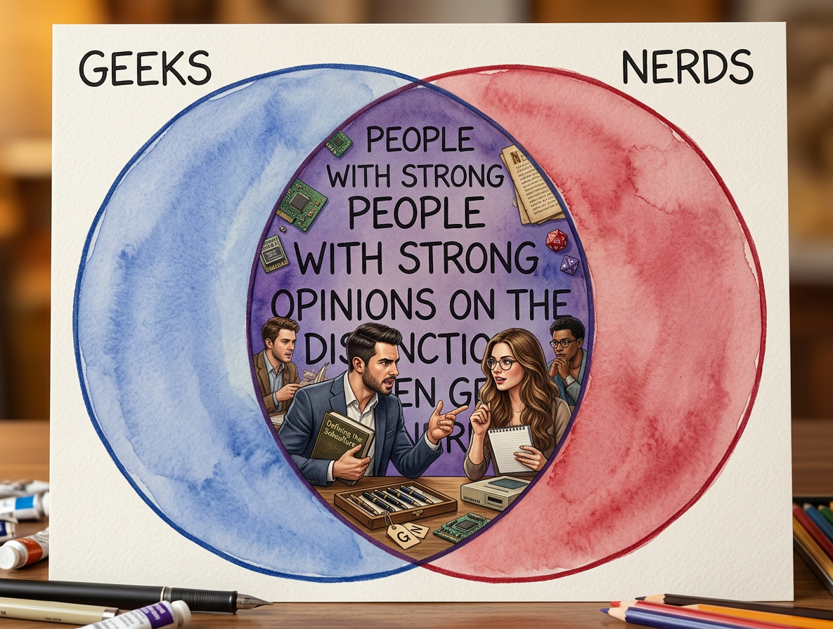 The definitions I grew up with were that a geek is someone unusually into something (so you could have computer geeks, baseball geeks, theater geeks, etc) and nerds are (often awkward) science, math, or computer geeks. But definitions vary.