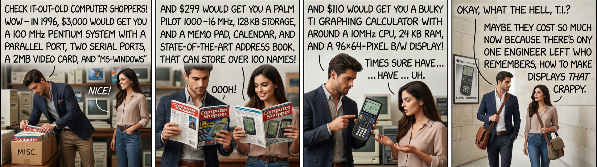 College Board issues aside, I have fond memories of TI-BASIC, writing in it a 3D graphing engine and a stock market analyzer. With enough patience, I could make anything ... but friends. (Although with my chatterbot experiments, I certainly tried.)