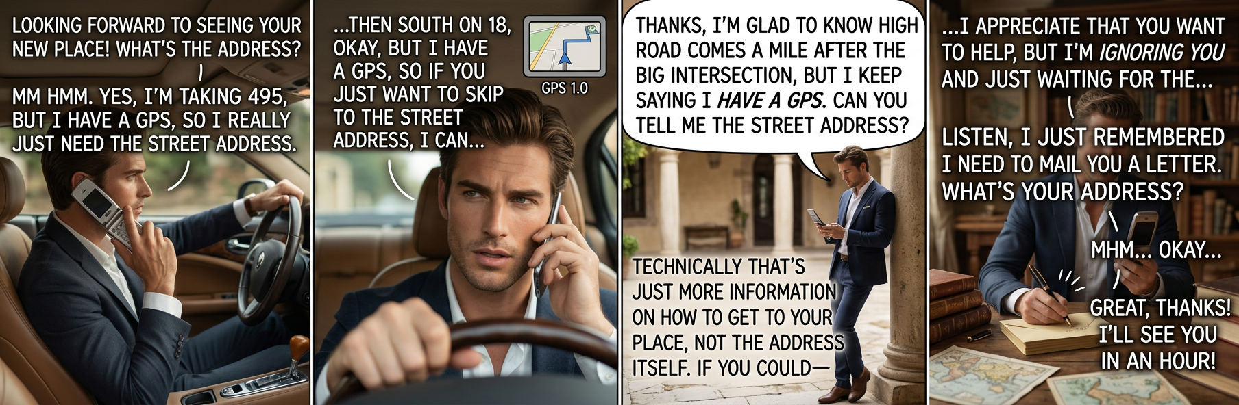 Yes, I understand that the turn is half a mile past the big field, but my GPS knows that, too.  This would be easier if you weren't about to ask me to repeat it all back to you.