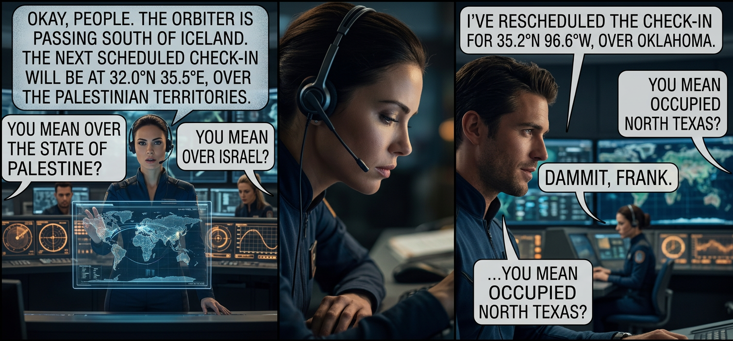 Normally, the Shuttle can't quite safely reach the orbital inclination required to pass over both those points from a Canaveral launch, but this is an alternate history in which either it launches from Vandenberg or everyone hates the Outer Banks.