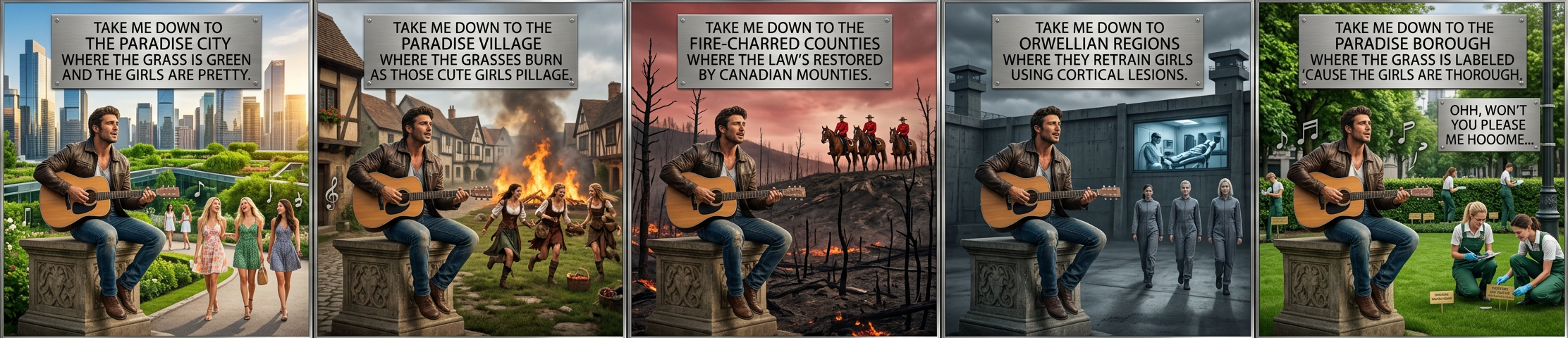 Take me down to the paradise municipality / where the grass is mauve and the girls aren't fromthisreality.