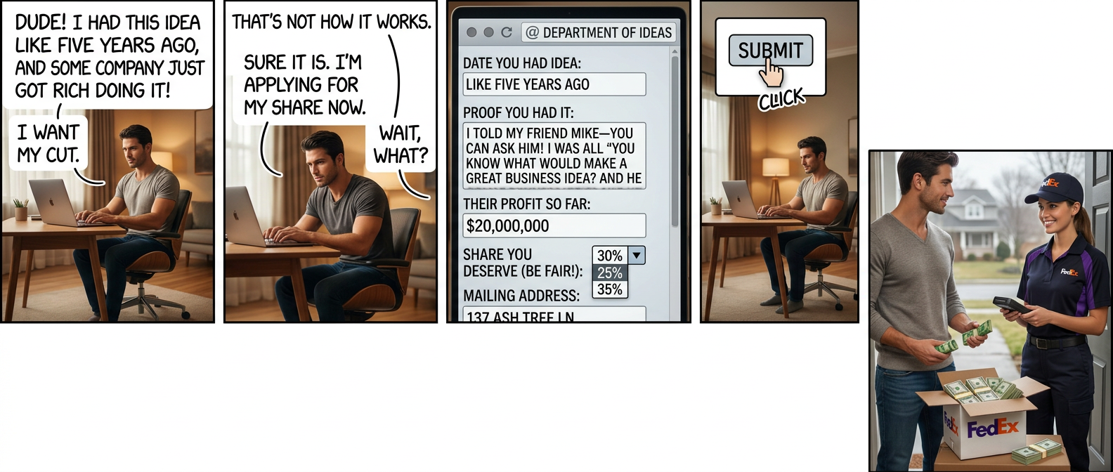 We didn't believe you at first, but we asked like three people who were at that party. They not only corroborated your story, but even said you totally mentioned wanting to start a company someday. Sorry! If this isn't enough money, let us know.