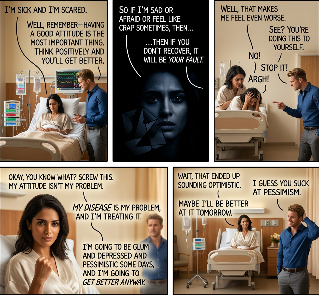 Having a positive attitude is almost tautologically good for your mental health, and extreme stress can hurt your immune system, but that doesn't mean you should feel like shit for feeling like shit.