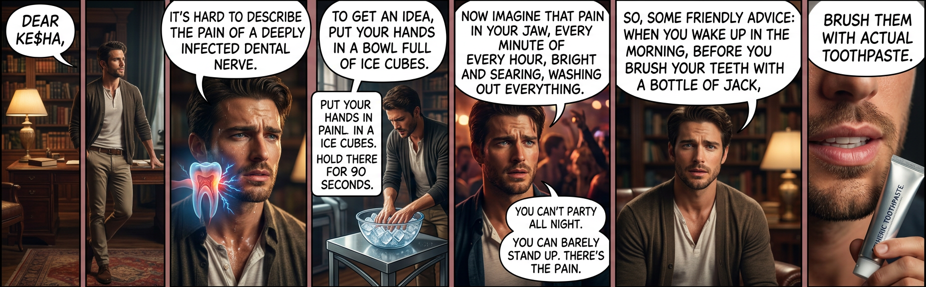 WAKE up in the MORning and my BREATH ain't PREtty / and noBODY'S gonna KISS me if my MOUTH smells SHItty / so I ALways brush my TEETH before I START on the JACK / sure, my DRINKing's out of HAND, but I'm conTROLLing my PLAQUE.