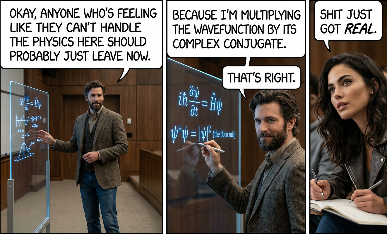 Fun fact: if you say this every time a professor does something to a complex-number equation that drops the imaginary part, they'll eventually move the class to another room and tell everyone else except you.