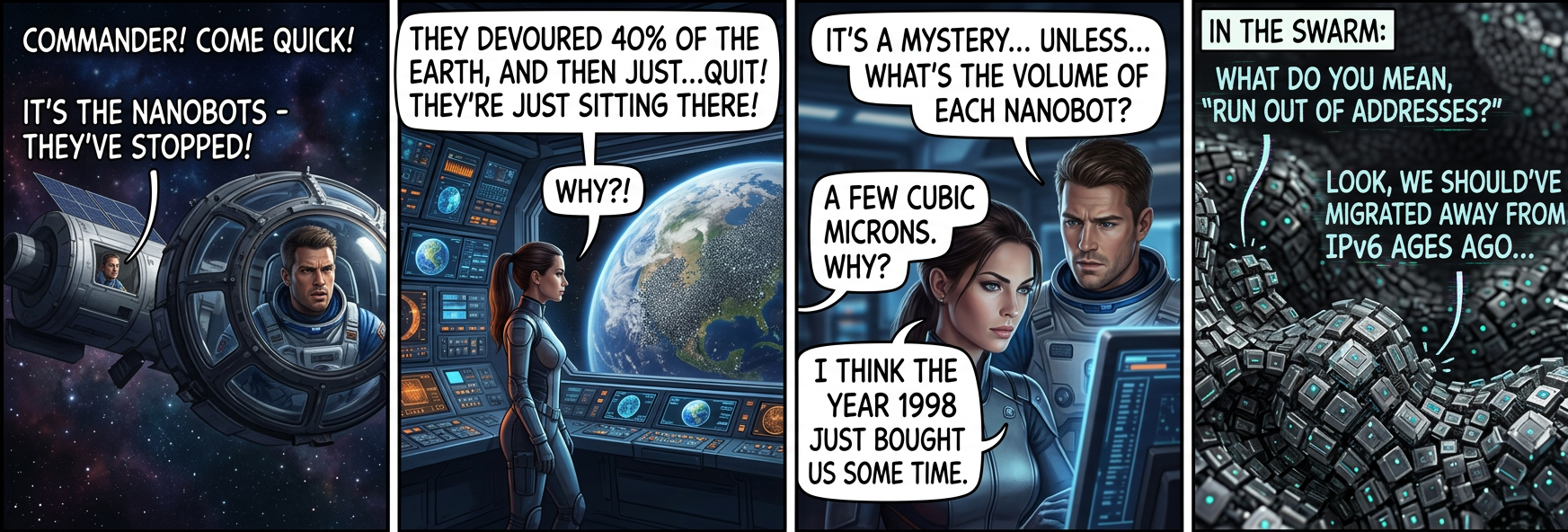 I think the IETF hit the right balance with the 128 bits thing. We can fit MAC addresses in a /64 subnet, and the nanobots will only be able to devour half the planet.