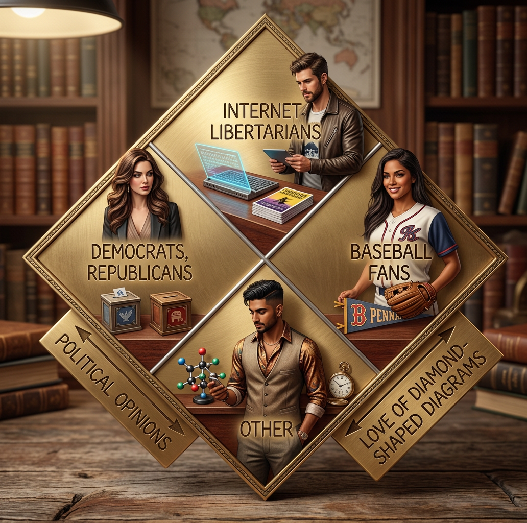 Also in the right quadrant are NFPA-compliant chemical manufacturers and Sir Charles Wheatstone. Sharing the top with the internet libertarians are Nate Silver and several politically-active kite designers.