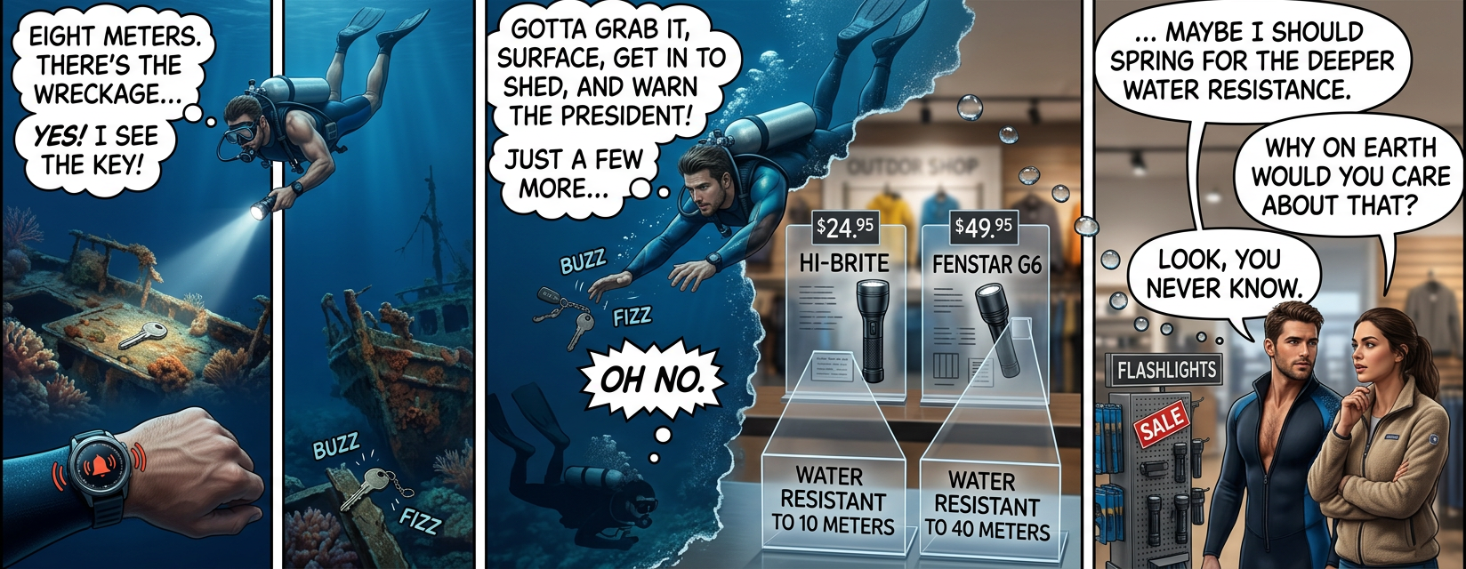 Wait a minute. If I'm escaping from a submarine at 50 meters, then I'll *definitely* need a flashlight to find air pockets for gradual decompression on the way up. Time to start shopping professional dive lights.