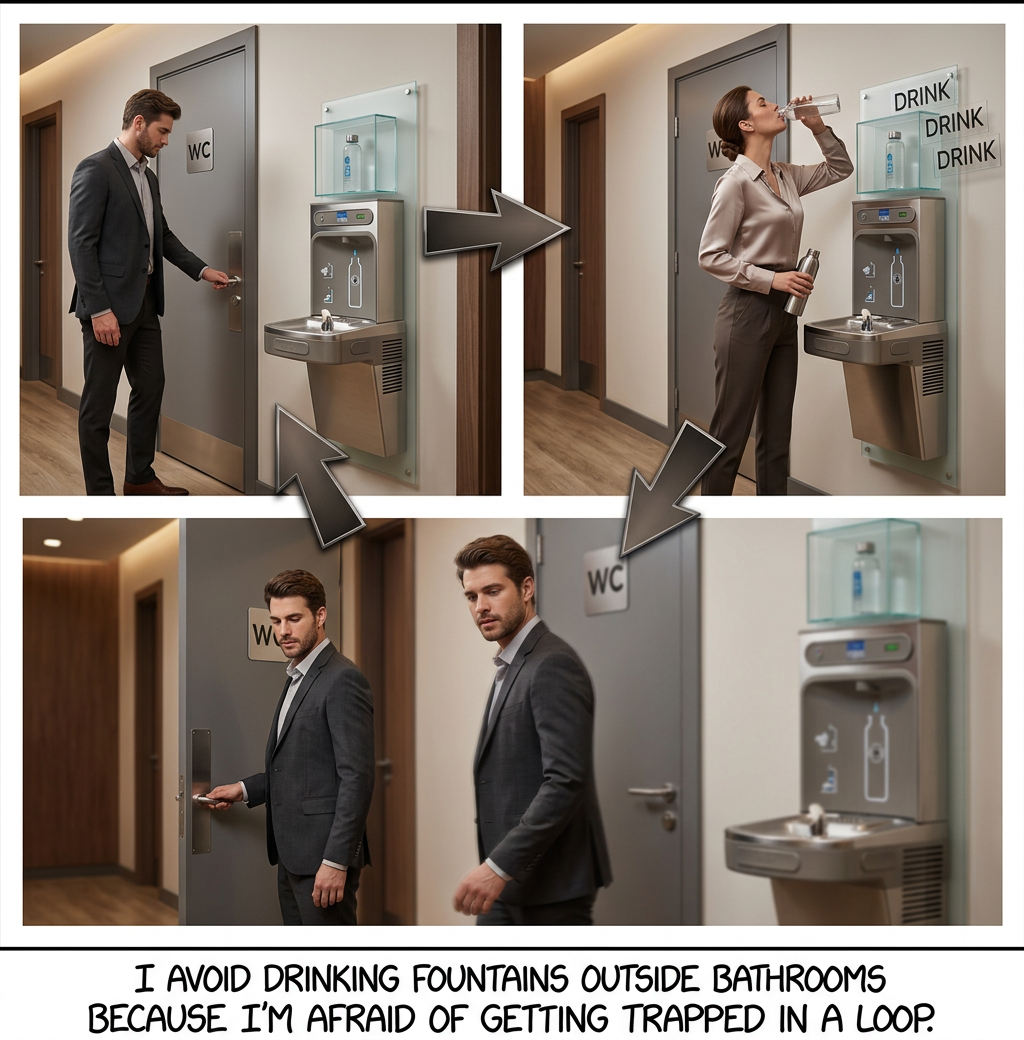 I've always wondered whether you could drink slowly enough, and eliminate fast enough, that you just sort of peed continuously. But I'm afraid to try because I worry someone might call while I'm doing it and ask what I'm up to, and I won't be able to think of a lie.