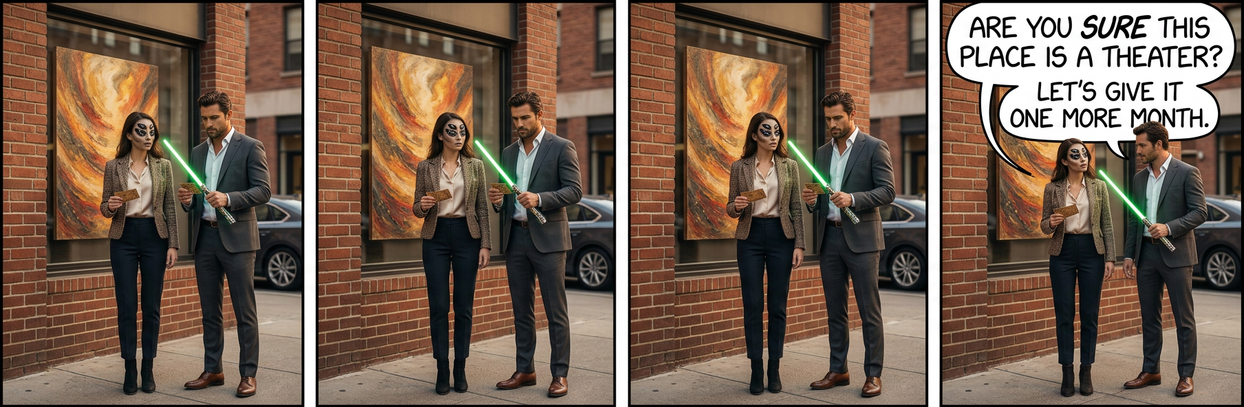 We could go to the theater across town and see if it's opened THERE yet, but we don't want to lose our place in line.