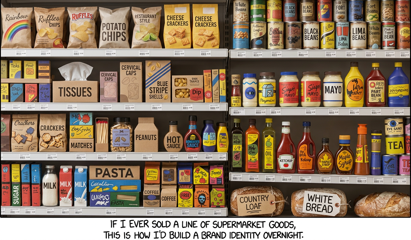 Legally-mandated information would be printed on the back or discreetly along the bottom. In small letters under the nutrition information it would say 'Like our products? Visit our website!' There would be no URL.